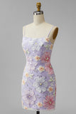 Lilac Floral Bodycon Spaghetti Straps Short Homecoming Dress with Beading
