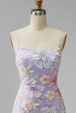 Lilac Floral Bodycon Spaghetti Straps Short Homecoming Dress with Beading