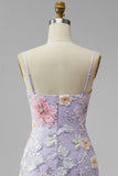 Lilac Floral Bodycon Spaghetti Straps Short Homecoming Dress with Beading