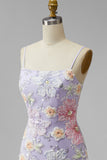 Lilac Floral Bodycon Spaghetti Straps Short Homecoming Dress with Beading