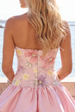 Strapless Pink Floral Tiered A-Line Homecoming Dress with Sequins