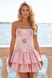 Strapless Pink Floral Tiered A-Line Homecoming Dress with Sequins