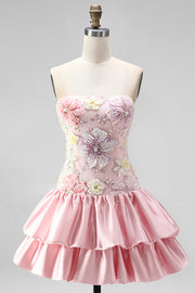 Strapless Pink Floral Tiered A-Line Homecoming Dress with Sequins