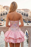Strapless Pink Floral Tiered A-Line Homecoming Dress with Sequins