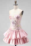 Strapless Pink Floral Tiered A-Line Homecoming Dress with Sequins