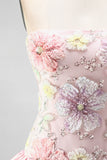 Strapless Pink Floral Tiered A-Line Homecoming Dress with Sequins