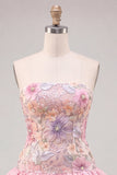 Strapless Pink Floral Tiered A-Line Homecoming Dress with Sequins
