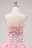 Strapless Pink Floral Tiered A-Line Homecoming Dress with Sequins