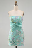 Pink Bodycon Strapless Floral Sequins Short Formal Dress with Bow