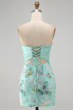 Pink Bodycon Strapless Floral Sequins Short Formal Dress with Bow