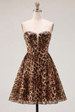 Brown Leopard A-Line Strapless Short Homecoming Dress with Beading