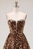 Brown Leopard A-Line Strapless Short Homecoming Dress with Beading