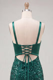 Dark Green Spaghetti Straps Sequins Bodycon Lace Up Back Homecoming Dress with Bow