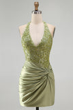 Army Green Satin Halter Bodycon Ruched Floral Short Formal Dress