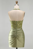 Army Green Satin Halter Bodycon Ruched Floral Short Formal Dress