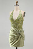Army Green Satin Halter Bodycon Ruched Floral Short Formal Dress