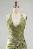 Army Green Satin Halter Bodycon Ruched Floral Short Formal Dress