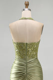 Army Green Satin Halter Bodycon Ruched Floral Short Formal Dress