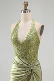 Army Green Satin Halter Bodycon Ruched Floral Short Formal Dress
