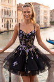 A-Line Black Floral Tiered Spaghetti Straps Organza Homecoming Dress with Lace Up Back