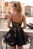 A-Line Black Floral Tiered Spaghetti Straps Organza Homecoming Dress with Lace Up Back