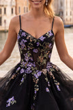 A-Line Black Floral Tiered Spaghetti Straps Organza Homecoming Dress with Lace Up Back