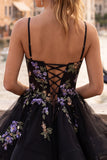 A-Line Black Floral Tiered Spaghetti Straps Organza Homecoming Dress with Lace Up Back