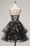 A-Line Black Floral Tiered Spaghetti Straps Organza Homecoming Dress with Lace Up Back