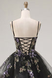 A-Line Black Floral Tiered Spaghetti Straps Organza Homecoming Dress with Lace Up Back