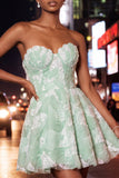Dusty Blue A-Line Sweetheart Pearl Floral Short Homecoming Dress with Lace Up Back
