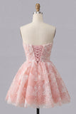 Dusty Blue A-Line Sweetheart Pearl Floral Short Homecoming Dress with Lace Up Back