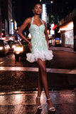 Mint Green Halter Neck Pearl Bodycon Ruffled Floral Homecoming Dress with Lace Up Back