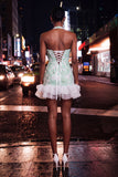 Mint Green Halter Neck Pearl Bodycon Ruffled Floral Homecoming Dress with Lace Up Back