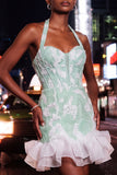 Mint Green Halter Neck Pearl Bodycon Ruffled Floral Homecoming Dress with Lace Up Back