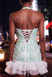 Mint Green Halter Neck Pearl Bodycon Ruffled Floral Homecoming Dress with Lace Up Back
