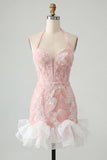 Mint Green Halter Neck Pearl Bodycon Ruffled Floral Homecoming Dress with Lace Up Back