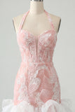 Mint Green Halter Neck Pearl Bodycon Ruffled Floral Homecoming Dress with Lace Up Back