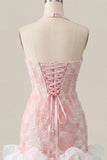 Mint Green Halter Neck Pearl Bodycon Ruffled Floral Homecoming Dress with Lace Up Back