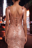 Sparkly Sheer Corset Bodycon Sequins Lace Up Back Bowed Straps Homecoming Dress with Slit