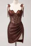 Sparkly Sheer Corset Bodycon Sequins Lace Up Back Bowed Straps Homecoming Dress with Slit