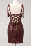 Sparkly Sheer Corset Bodycon Sequins Lace Up Back Bowed Straps Homecoming Dress with Slit