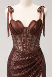 Sparkly Sheer Corset Bodycon Sequins Lace Up Back Bowed Straps Homecoming Dress with Slit