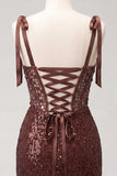 Sparkly Sheer Corset Bodycon Sequins Lace Up Back Bowed Straps Homecoming Dress with Slit