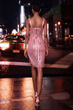 Sparkly Sheer Corset Bodycon Sequins Lace Up Back Bowed Straps Homecoming Dress with Slit