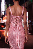 Sparkly Sheer Corset Bodycon Sequins Lace Up Back Bowed Straps Homecoming Dress with Slit