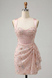 Blush Bodycon Halter Neck Corset Lace Up Back Ruched Homecoming Dress with Sash