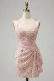 Blush Bodycon Halter Neck Corset Lace Up Back Ruched Homecoming Dress with Sash