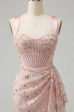Blush Bodycon Halter Neck Corset Lace Up Back Ruched Homecoming Dress with Sash