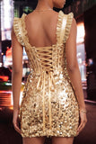 Champagne Bodycon Sheer Corset Ruffle Ruched Sequins Homecoming Dress