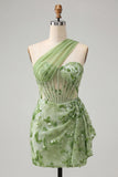 Green Bodycon Corset One Shoulder Lace Up Back Sequins Homecoming Dress with Sash